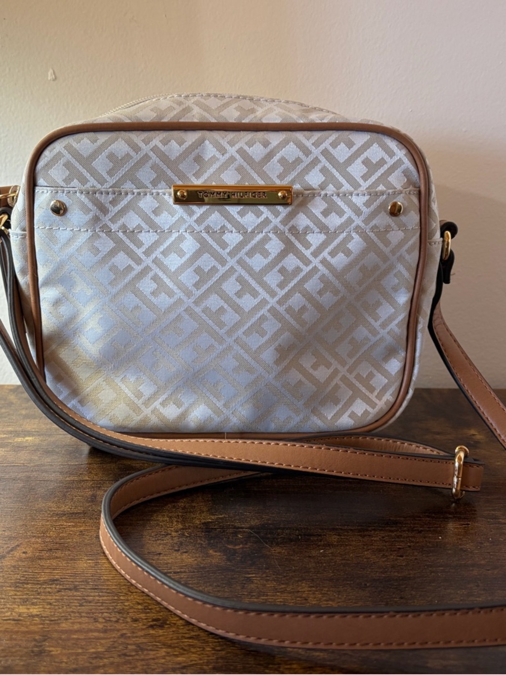 Tommy Hilfiger Cream Crossbody with Tan Trim and Gold Hardware